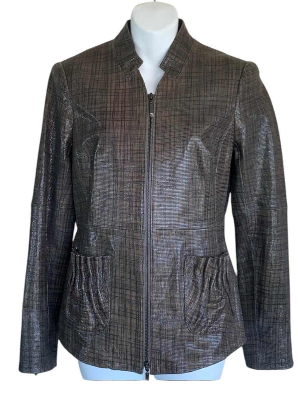 WORTH leather jacket, Woman's, 4,  brown plaid, NWOT gathered pockets zip front